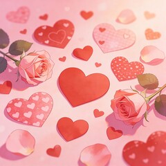 Romantic Hearts and Pink Roses Flat Lay