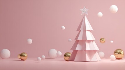 Whimsical blush-toned Christmas with geometric tree and floating ornaments.