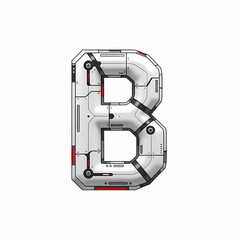 Futuristic Letter B: Sci-Fi Font with Metallic Texture and Red Accents
