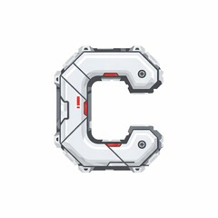 Futuristic Letter C: Metallic, Sci-Fi Font with Warning Sign Detail on White Background