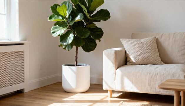 large fiddle leaf fig scandinavian living room white pot soft sunlight premium editorial perfect for houseplant appreciation day