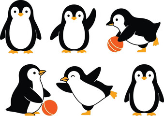 Collection of adorable cartoon penguins playing basketball in various poses on a clean white background perfect for children s illustrations
