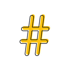 Yellow hashtag flat design icon. hashtag symbol line art. concept social media marketing. comic outline style. vector illustration