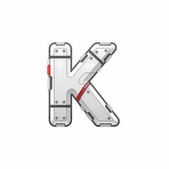 Futuristic Letter K: Metallic, Industrial Design with Red Accents on White Background
