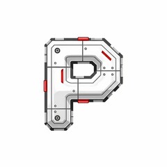 Futuristic Letter P: Detailed Metallic Panels and Red Accents on White Background