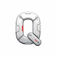 Futuristic Letter Q: Metallic, Sci-Fi Font with Red Accents on White Background