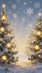 Magical Winter Scene Snowflakes, Christmas Trees, and Festive Lights