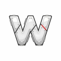 Futuristic Letter W: Metallic Panels, Rivets, and Red Accent, Isolated on White