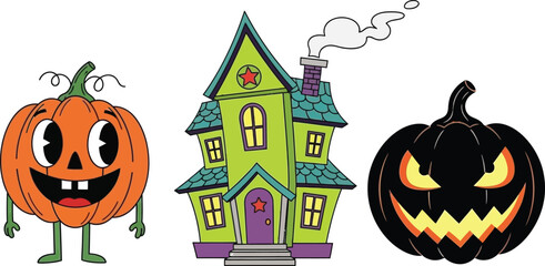Whimsical halloween decoration featuring a cartoon pumpkin a haunted house and a glowing jack o lantern against a white background