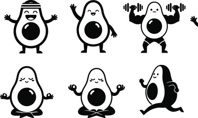 Collection of cartoon avocado characters exercising and meditating in a variety of poses representing a healthy and active lifestyle