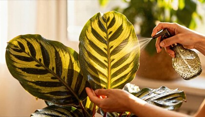 person hands gently misting leaves thriving houseplant calathea orbifolia beautiful glass spray bottle soft focus self care nurturing bright natural light perfect for houseplant appreciation day