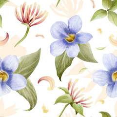 Honeysuckle and purple Thunbergia vine flowers with petals watercolor seamless pattern on white. Pastel violet and pink floral plant hand drawn repeat background. Botanical floral tropical nature