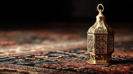 Close up of brass lantern on fine patterned carpet isolated against soft black gradient Accurate shadows enhance realism