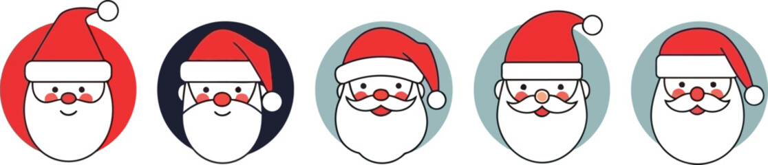Festive santa claus faces in a row whimsical christmas icons for holiday greetings and designs with a clean minimalist style and cheerful holiday spirit