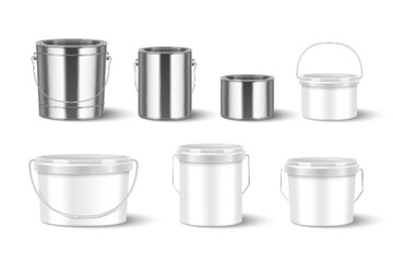 Metal and plastic paint buckets set isolated on white background. Vector realistic illustration of blank containers for renovation material or liquid food, 3d mockup of construction goods packaging