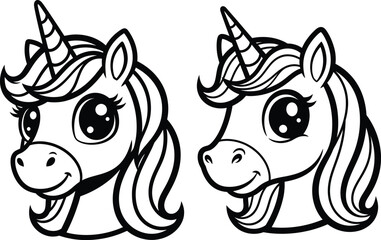Two cute unicorn head outlines for coloring books and creative projects featuring whimsical magical creatures with big eyes and flowing manes