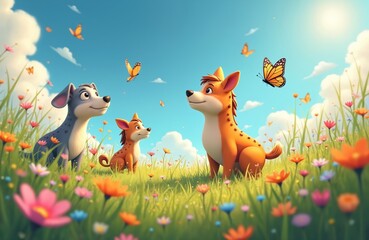 Three cartoon dogs sit in green grassy meadow filled with colorful wildflowers and fluttering butterflies under bright blue sky. Dogs look happy, enjoying warm sunny day outdoors in nature.