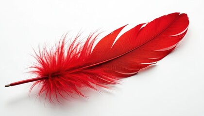 Single bright red feather isolated on plain white backdrop. Delicate downy fluff surrounds shaft end. This bird plume detail shows texture and color.