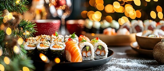 Japanese rolls and sushi on a festive table with Christmas decorations in the background