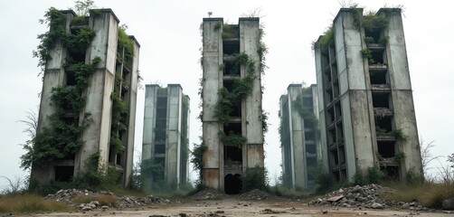 Overgrown concrete skyscrapers stand empty. Nature reclaims abandoned city buildings with vines and weeds. Overcast sky hangs above desolate scene.