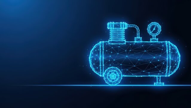 Digital abstract illustration of a glowing blue air compressor machine on a dark background