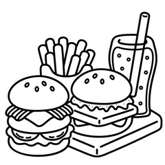 Hamburger set, easy coloring for kids, vector, illustration, coloring book, coloring page, cozy, cute, bold, comfy