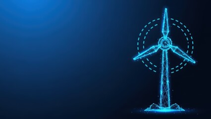 A blue digital illustration of a wind turbine generating clean energy on a dark background