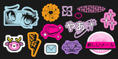 Fototapeta premium Vintage Y2k anime stickers set isolated on black background. Vector illustration of pixel animal icons, checkered lightning and start shapes, Asian hieroglyph, cute girl eyes, planet, nostalgic design