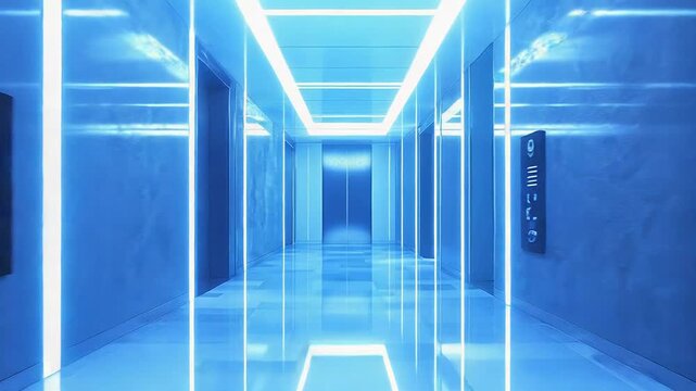 Futuristic hallway with blue neon lights and elevators