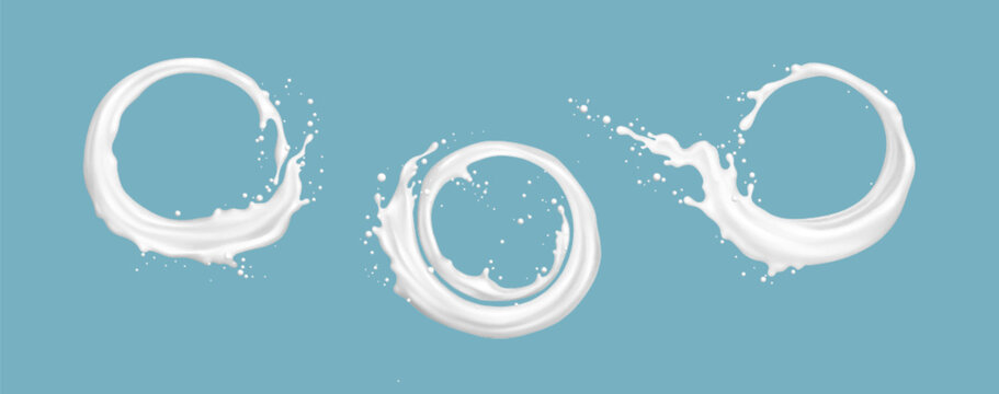 Milk splash with circular waves and scattered droplets isolated on background. Realistic white cream liquid swirls with flowing streams for milky beverage packaging and drink advertising.
