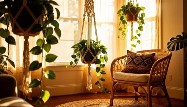 cozy bohemian living room corner houseplant macrame plant hangers rattan furniture pothos trailing plants strong natural light dreamy aesthetic perfect for houseplant appreciation day