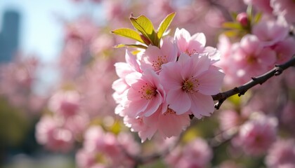 Obraz premium Pink sakura blossoms bloom on tree branches in a park. Soft light filters through petals. City buildings form a distant background against blue sky. Spring nature scene.