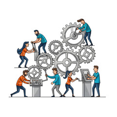 Teamwork operating giant gears
