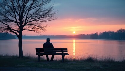 Elderly man sits on park bench watching lake at sunrise. Solitary figure contemplates quiet water, tree silhouette, calm dawn sky colors reflecting on surface, peaceful nature.