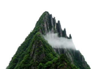 majestic pyramidal mountain peak with sheer granite cliffs and emerald rainforest foliage, isolated on a transparent background with soft mist, dramatic rim lighting concept of monumental scale