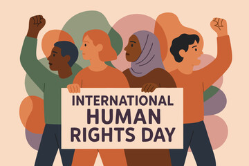 Naklejka premium Human Rights Day concept art showing raised hands of different skin tones emerging from shadows into light, representing justice, freedom, and dignity, dramatic lighting, cinematic style