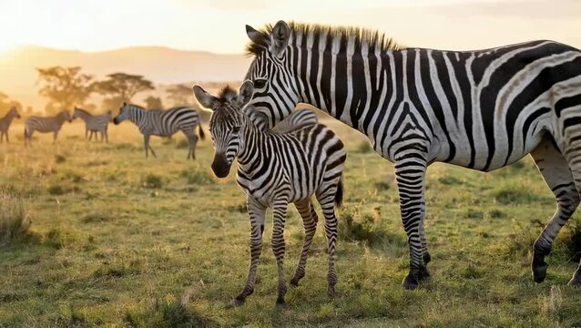 Mother zebra and her baby foal standing together in the African savanna grassland during a golden sunset with a herd in the background.
