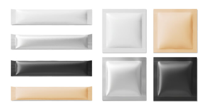 Sachet package pouch mockup set with foil bag in white, beige, silver and black colors. Rectangular stick pack templates for cosmetic mask or food product presentation. Blank mock up collection.