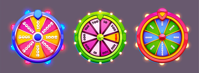 Fototapeta premium Fortune wheel icons with vibrant segments and glowing bulbs. Cartoon spinning wheels with prize amounts, lottery numbers and jackpot sections. Casino roulette neon designs for game interfaces.