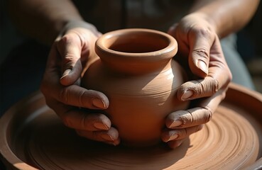 Hands shape wet clay pot on spinning wheel. Artist forms earthenware vessel with skilled fingers. Craftsman creates ceramic art using pottery tools and skill. Natural materials form vessel shape.