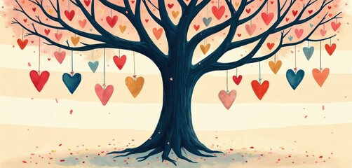 Dark tree branches adorned with many colorful heart ornaments. Small heart shapes fall like leaves onto soft striped background. Romantic illustration celebrates love and happiness.