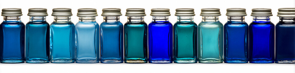 A variety of blue liquids in glass bottles, showcasing a spectrum of shades