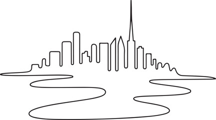 Continuous Line Art Skyline Melting into Smooth Liquid Curves in Minimal Contour Style