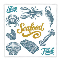 Hand drawn seafood collection in vintage engraving style with bold script lettering. Lobster, crab, shrimp, mussel, scallop, salmon fillet, squid.