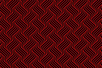 Geometric pattern of interlocking red lines on a black background, forming a continuous, woven, maze-like design.