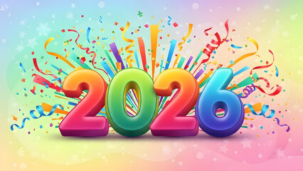 Fototapeta premium Colorful 2026 balloons with festive confetti celebration