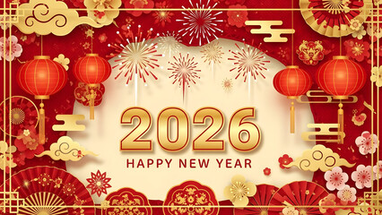 Happy new year 2026 chinese celebration with lanterns and fireworks