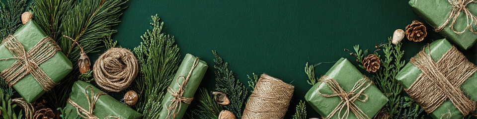 Festive gift boxes arranged with natural elements, evoking holiday cheer and thoughtful giving