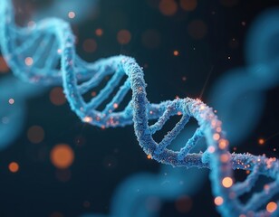 Blue DNA double helix strand detailed structure. Microscopic view with glowing particles and bokeh effect. Science, genetics, biology, helix, molecule.