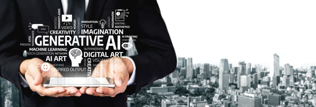 A businessman showcasing a tablet with generative AI concepts, representing innovation in digital art and technology against an urban skyline backdrop. Tessel - Powered by Adobe